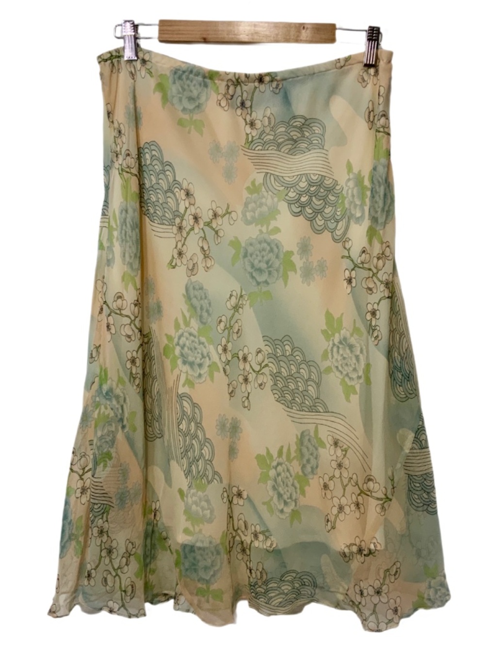 New York City Design Co. Cream and Blue Floral Silk Skirt- Size XL